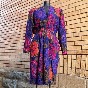 Vintage Stanley Platos Saks Jandel 100% Silk Textured Watercolor Dress Size 8